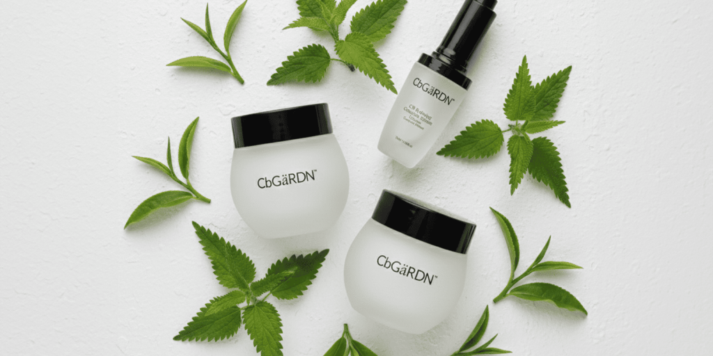 CbGardn products surrounded by nettle leaf and green tea leaves